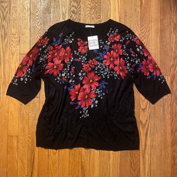 emily daniels black floral half sleeve jeweled knit sweater top size 3x nwt - Picture 1 of 7